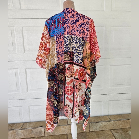 Boho Patchwork Kimono Open Front Colorful Lightweight Sheer Duster One Size - Picture 4 of 8